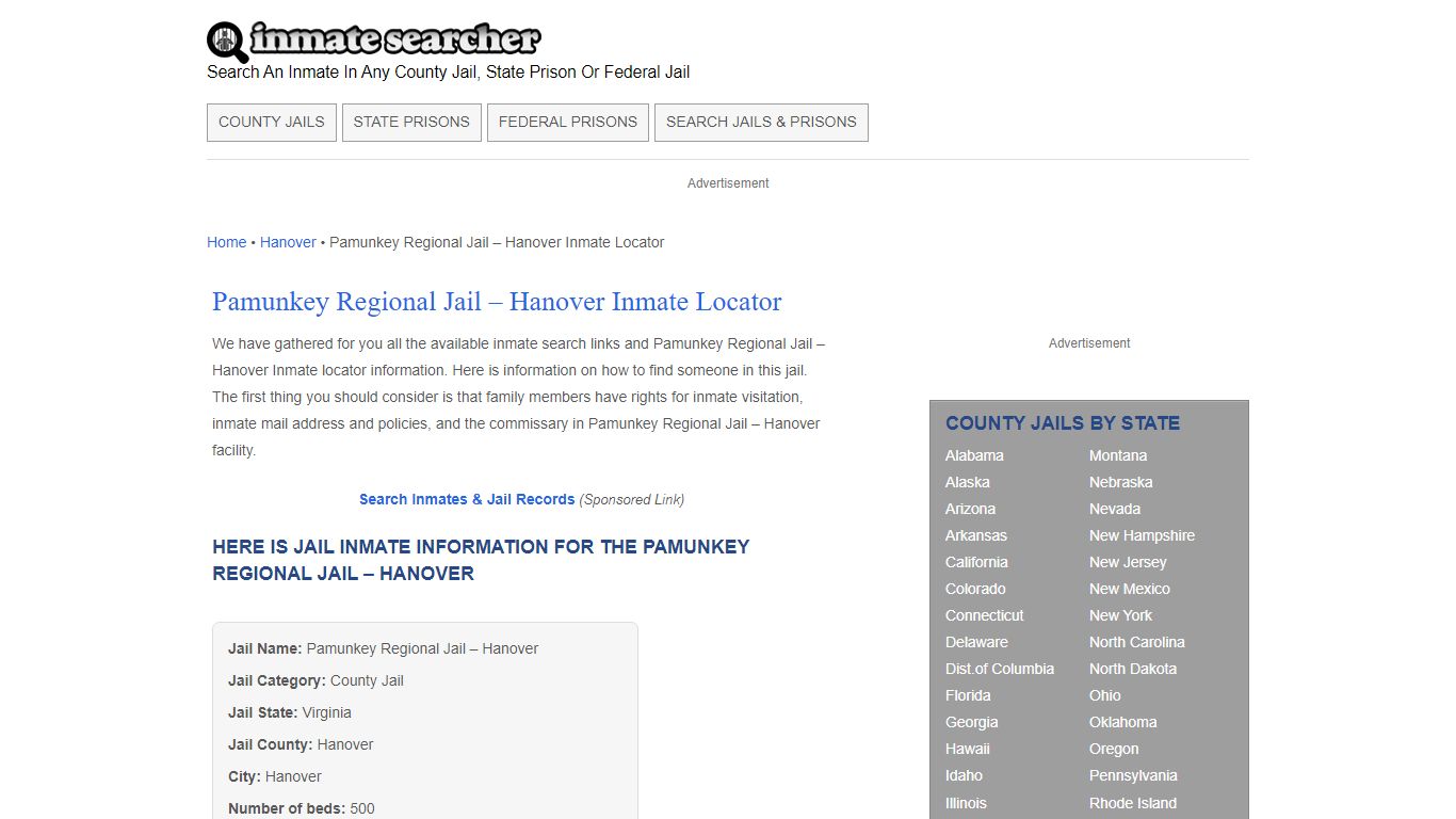 Pamunkey Regional Jail - Hanover Inmate Locator - Inmate Searcher